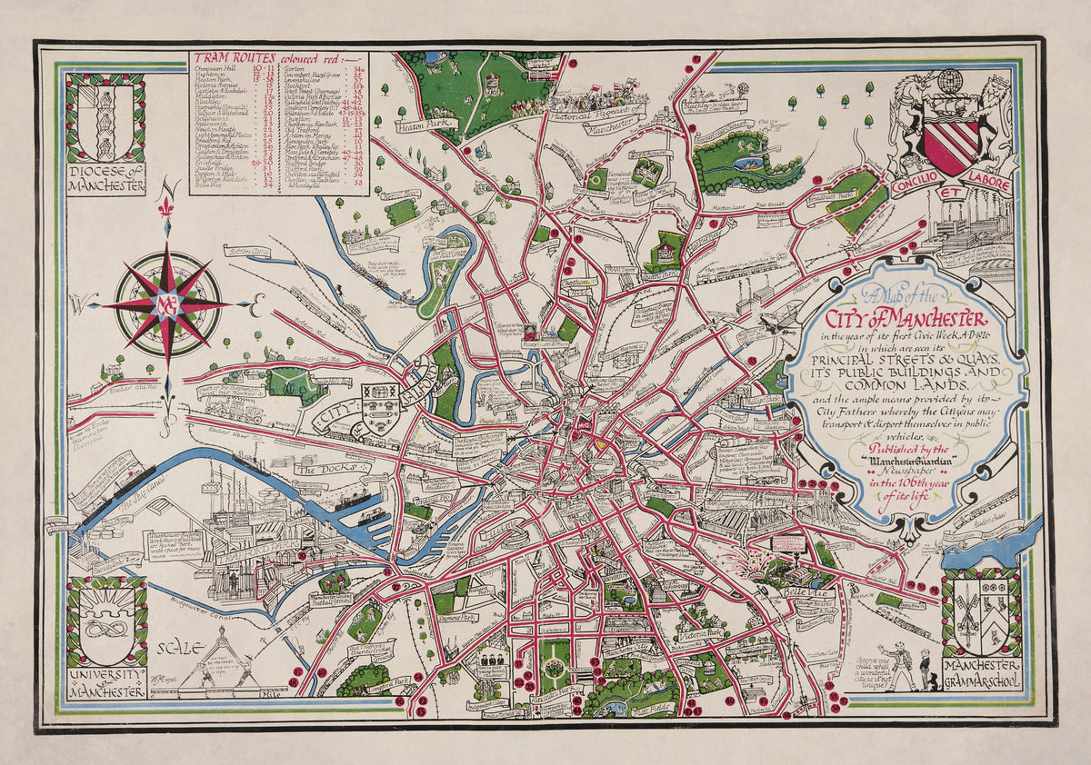 Manchester Pictorial Map dated 1926 1926 ‚Äì antique art print from Ninska Designs