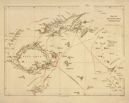 Map of the Fiji or Viti Group dated 1864 - Antique Reproduction - Pacific Islands - Available Framed