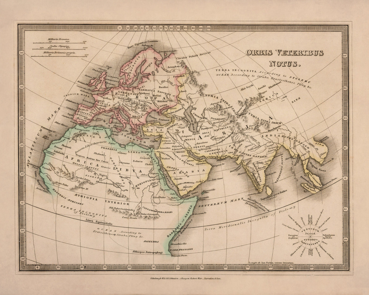 Orbis Veteribus Notus Map - dated 1839 - Antique Reproduction - Ancient World Map - Available Framed