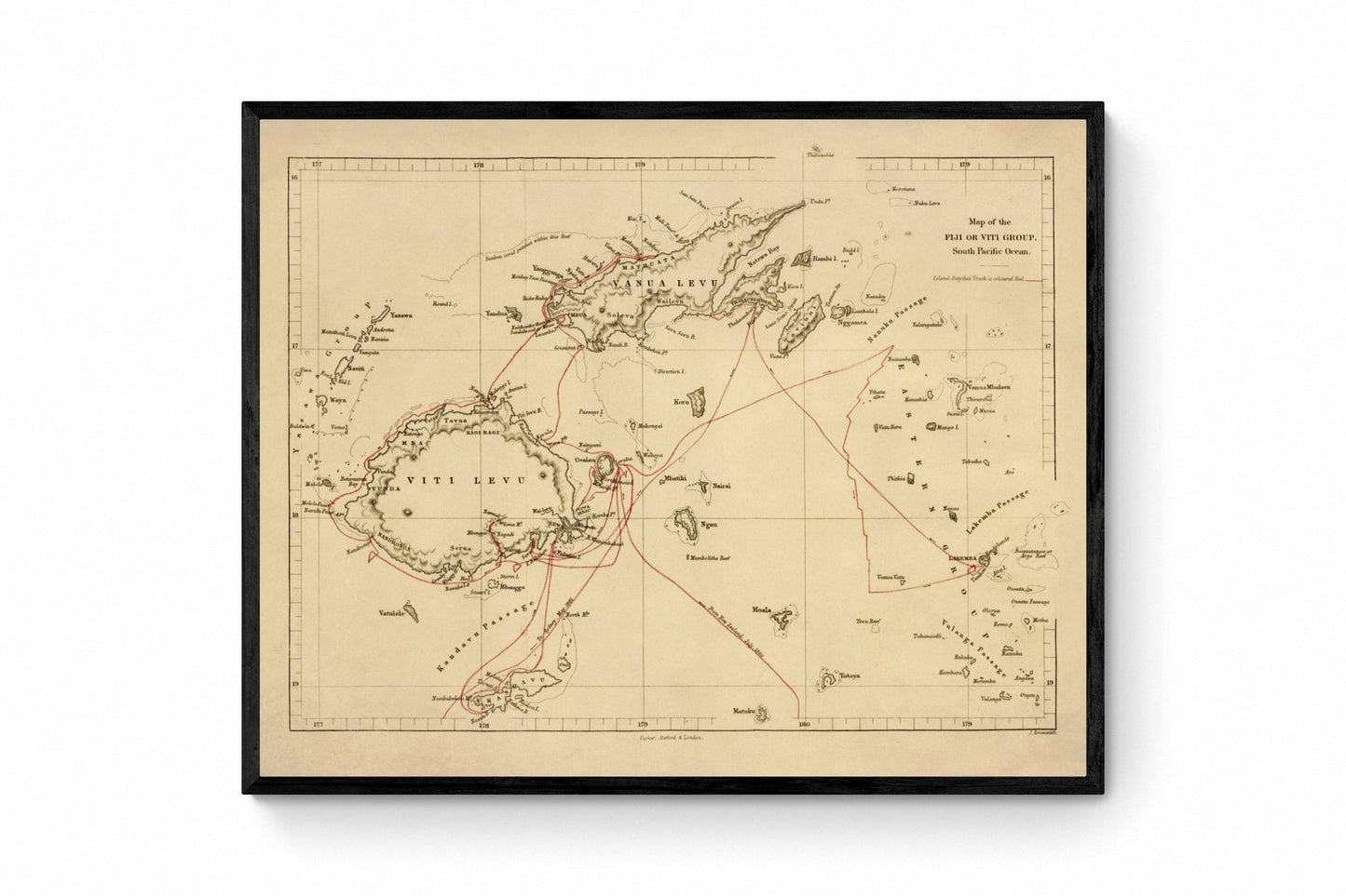 Map of the Fiji or Viti Group dated 1864 - Antique Reproduction - Pacific Islands - Available Framed