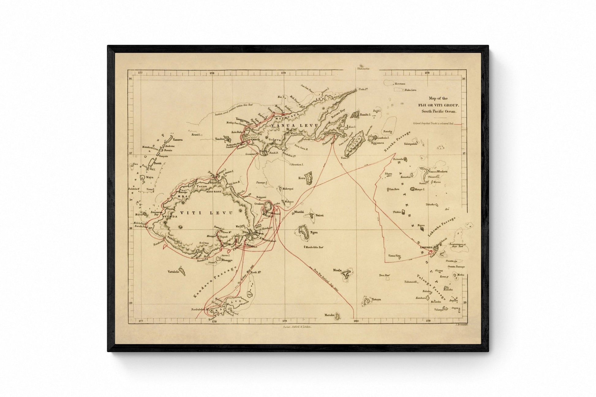 Map of the Fiji or Viti Group dated 1864 - Antique Reproduction - Pacific Islands - Available Framed