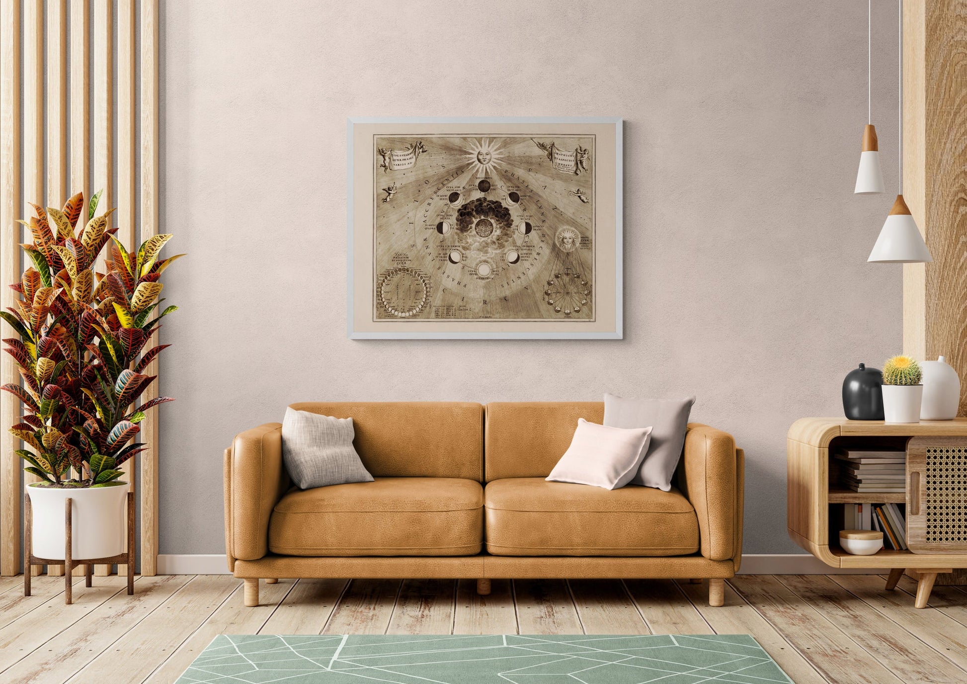 Celestial map of the moon's orbit around the Earth and the phases of the moon - Antique Reproduction - Astronomy - Available Framed