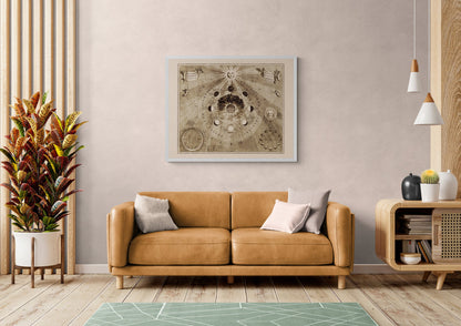 Celestial map of the moon's orbit around the Earth and the phases of the moon - Antique Reproduction - Astronomy - Available Framed