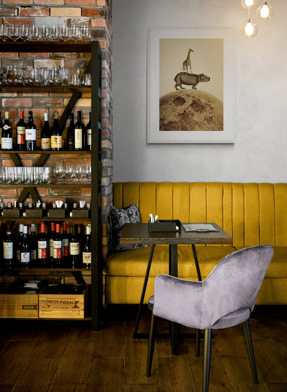 Giraffe Capybara Moon Collage Print - Antique Reproduction - Available Framed