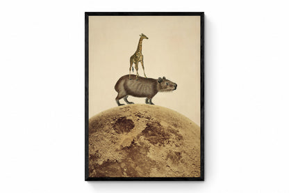 Giraffe Capybara Moon Collage Print - Antique Reproduction - Available Framed