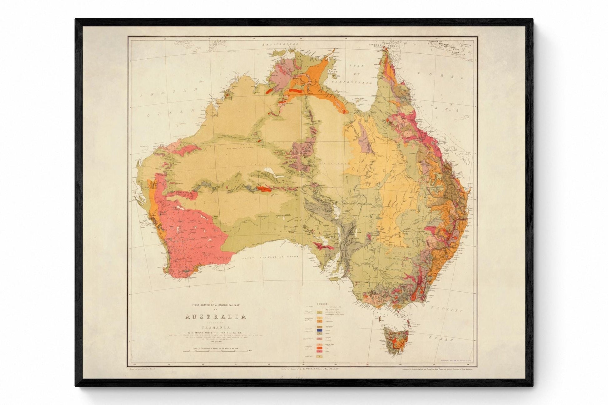 Geological Map of Australia - Dated 1875 - Antique Reproduction - Geology Map - Available Framed