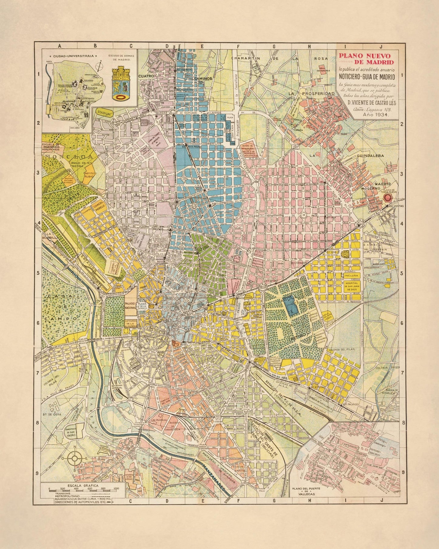 Madrid City Plan - dated 1934 - Spain - Antique Reproduction Map - Available Framed