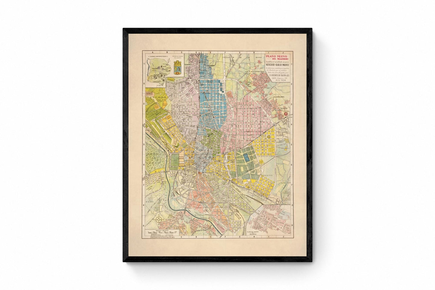 Madrid City Plan - dated 1934 - Spain - Antique Reproduction Map - Available Framed