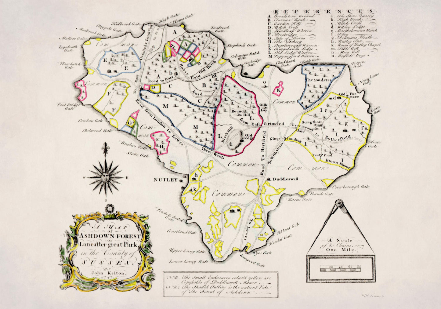 Ashdown Forest or Lancaster Great Park, Sussex - Antique Map - Dated 1747 - John Kelton - Antique Reproduction - Available Framed