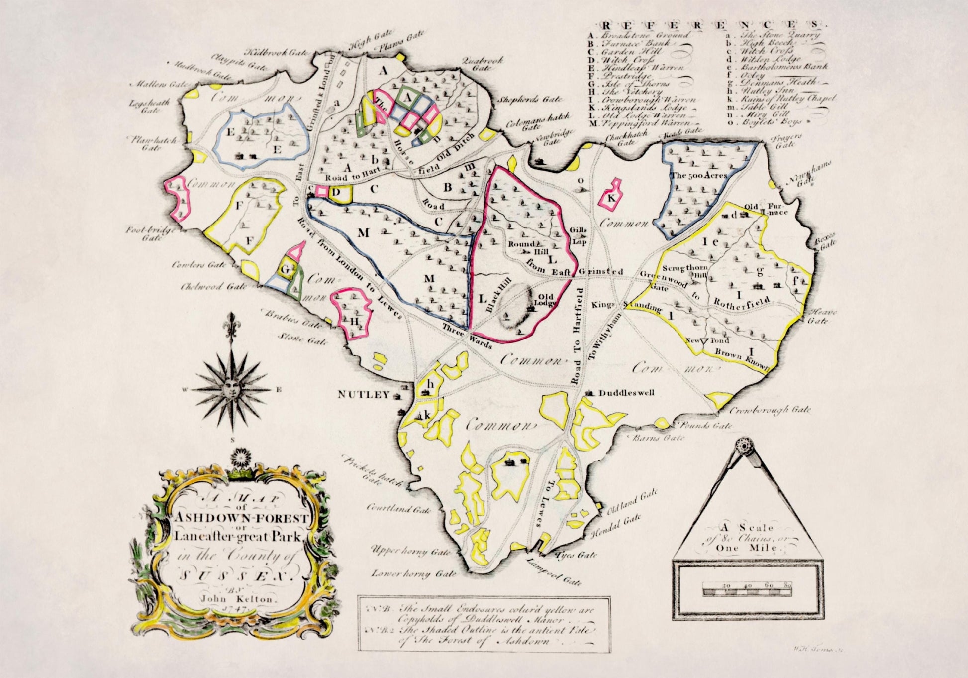 Ashdown Forest or Lancaster Great Park, Sussex - Antique Map - Dated 1747 - John Kelton - Antique Reproduction - Available Framed
