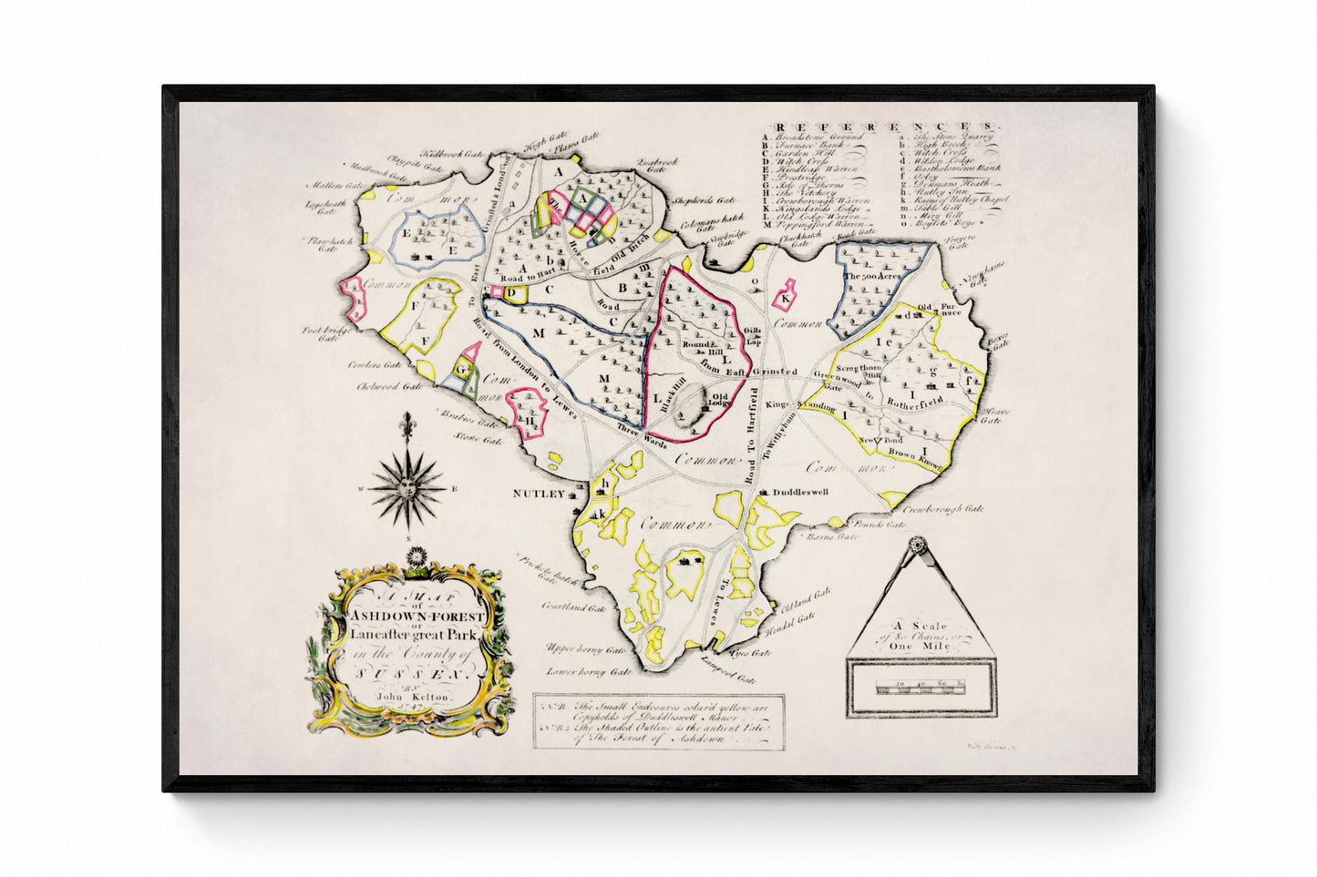 Ashdown Forest or Lancaster Great Park, Sussex - Antique Map - Dated 1747 - John Kelton - Antique Reproduction - Available Framed