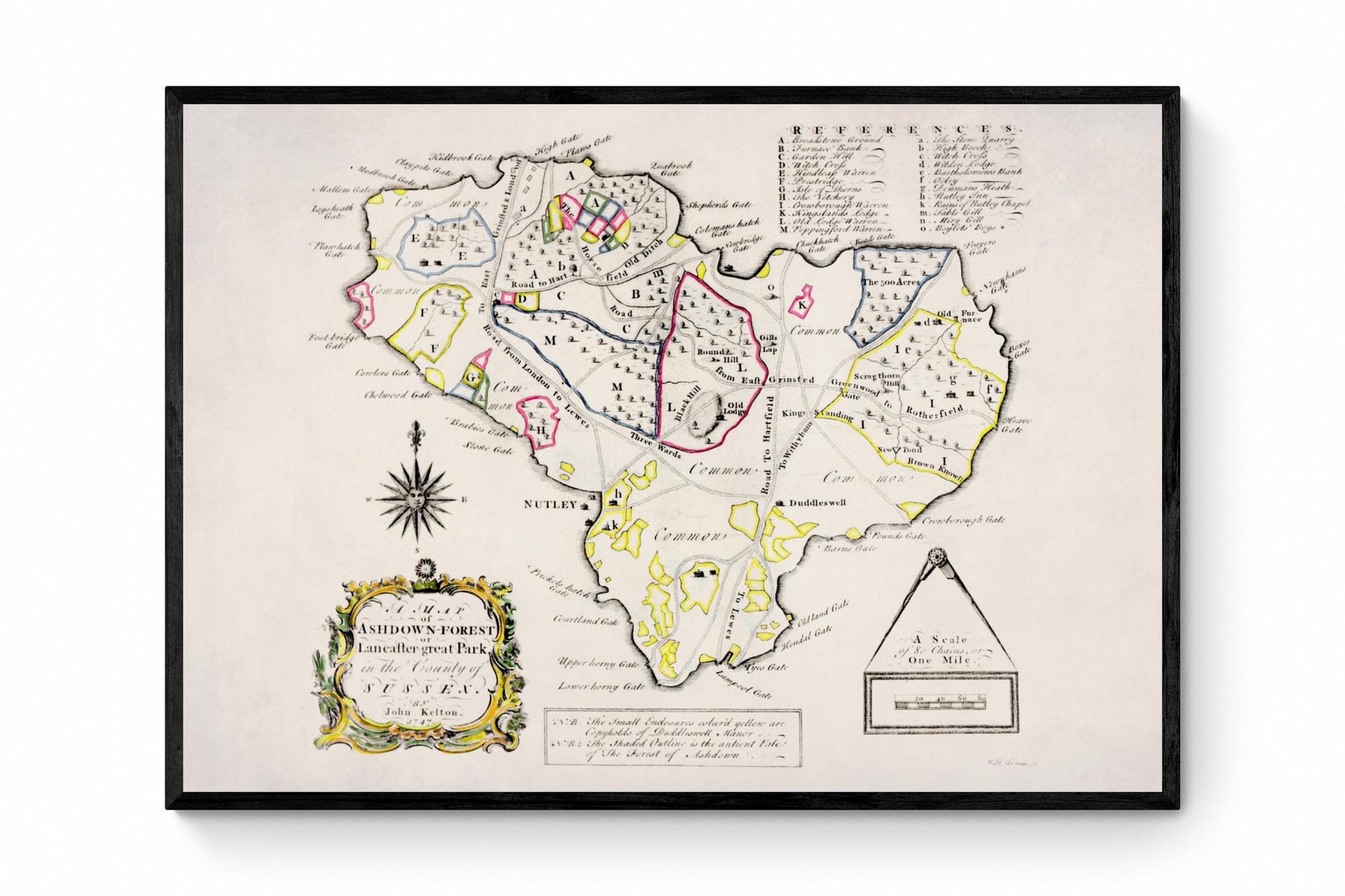 Ashdown Forest or Lancaster Great Park, Sussex - Antique Map - Dated 1747 - John Kelton - Antique Reproduction - Available Framed