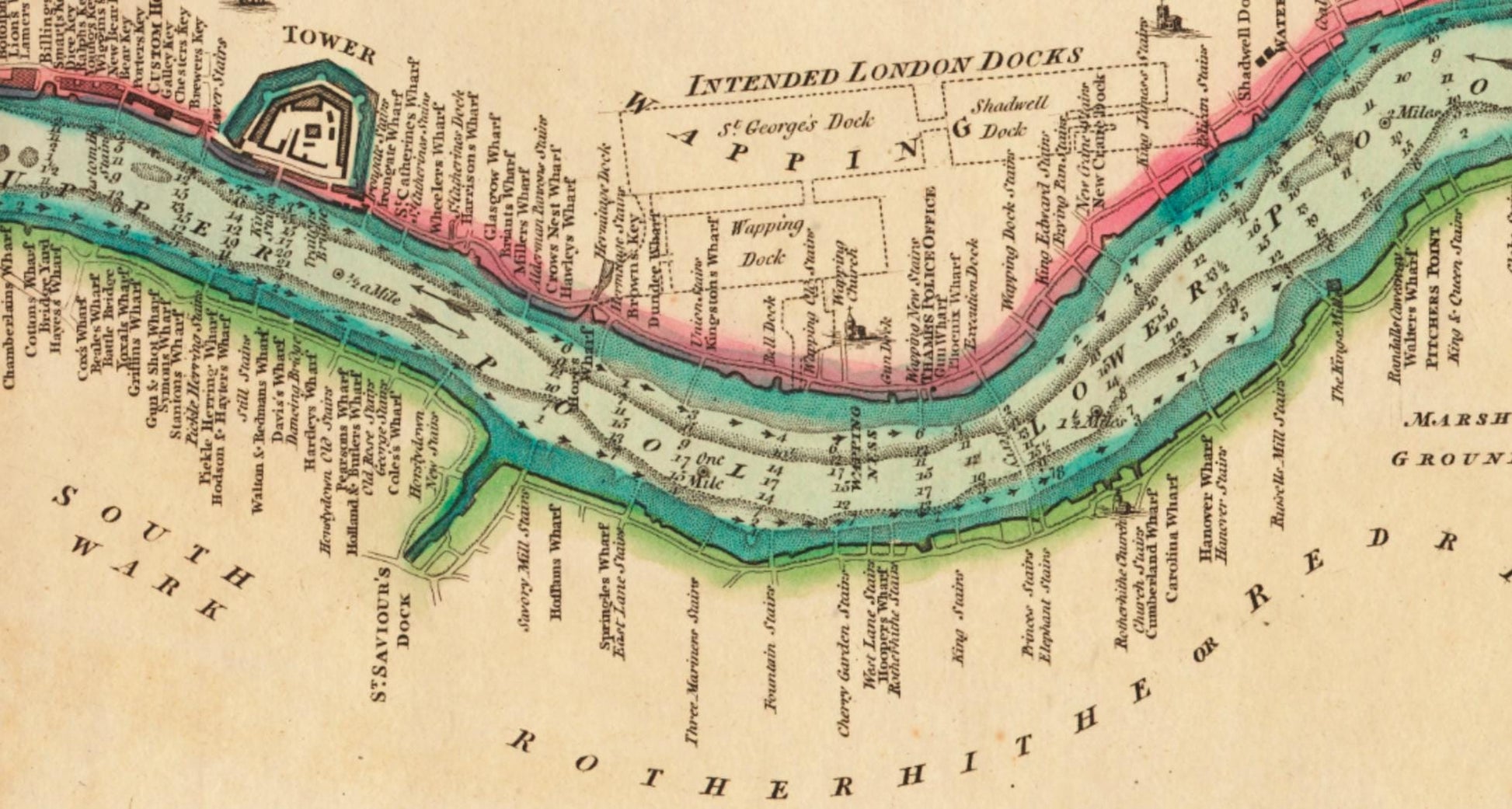 River Thames from London Bridge to Woolwich Warren Antique Map - dated 1802 - Antique Reproduction - Available Framed