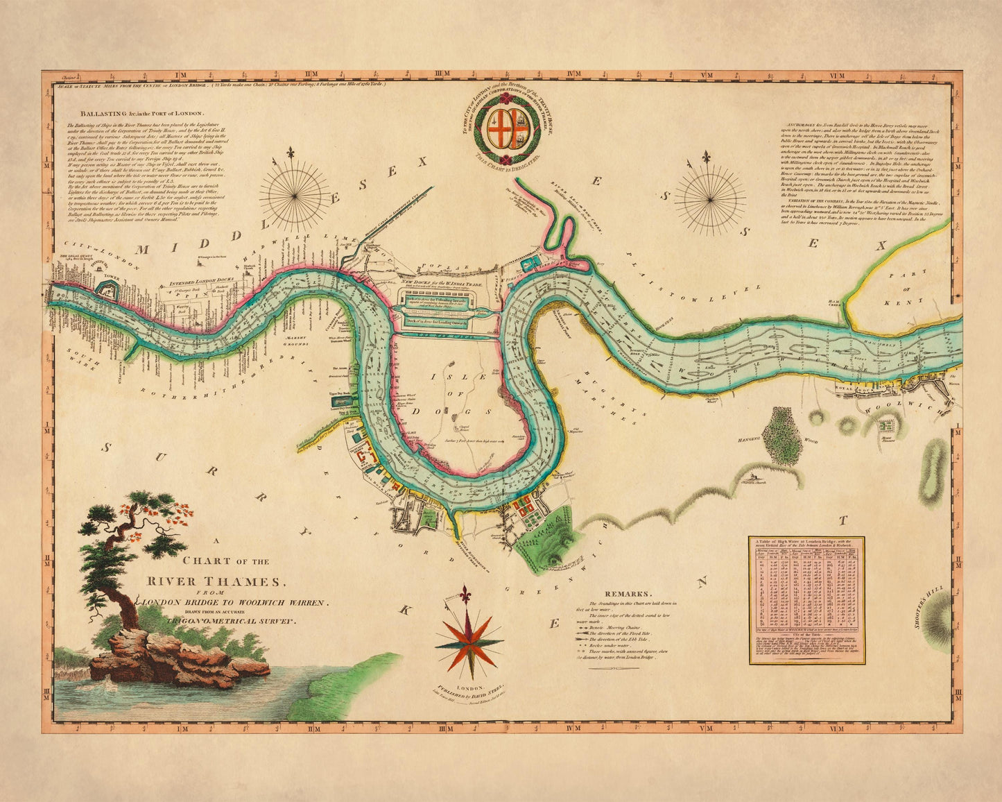 River Thames from London Bridge to Woolwich Warren Antique Map - dated 1802 - Antique Reproduction - Available Framed