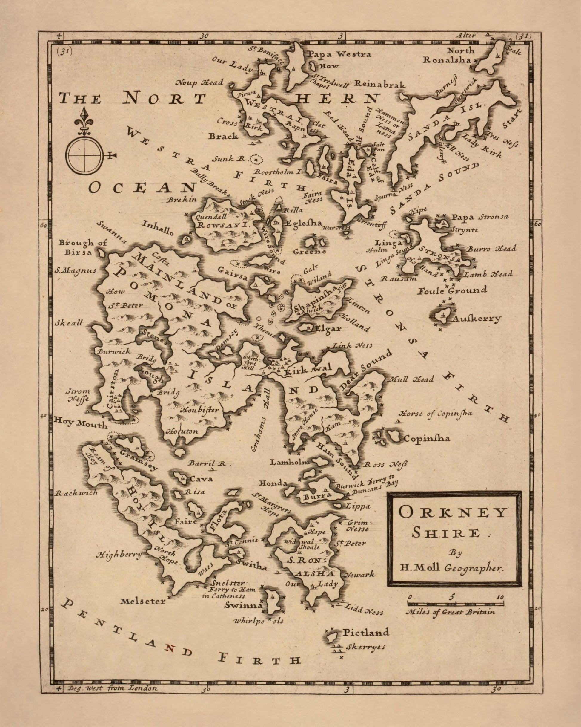 Orkney Islands (Orkneyshire) Antique Map - dated 1725 - Antique Reproduction - Available Framed