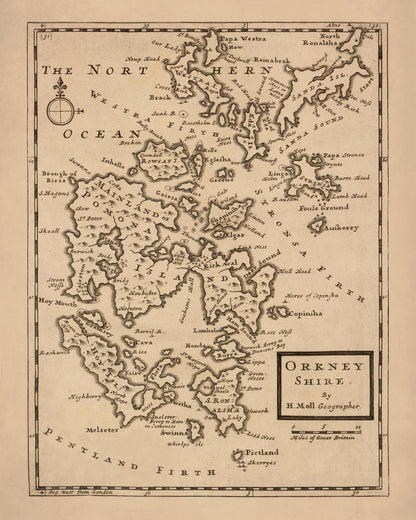 Orkney Islands (Orkneyshire) Antique Map - dated 1725 - Antique Reproduction - Available Framed