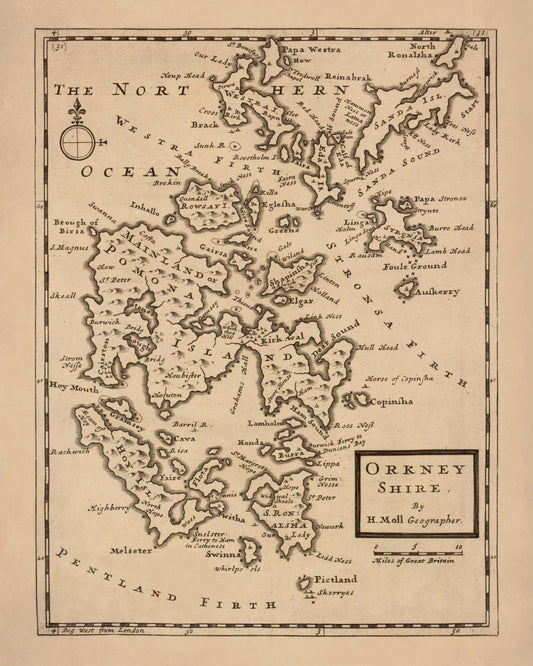 Orkney Islands (Orkneyshire) Antique Map - dated 1725 - Antique Reproduction - Available Framed