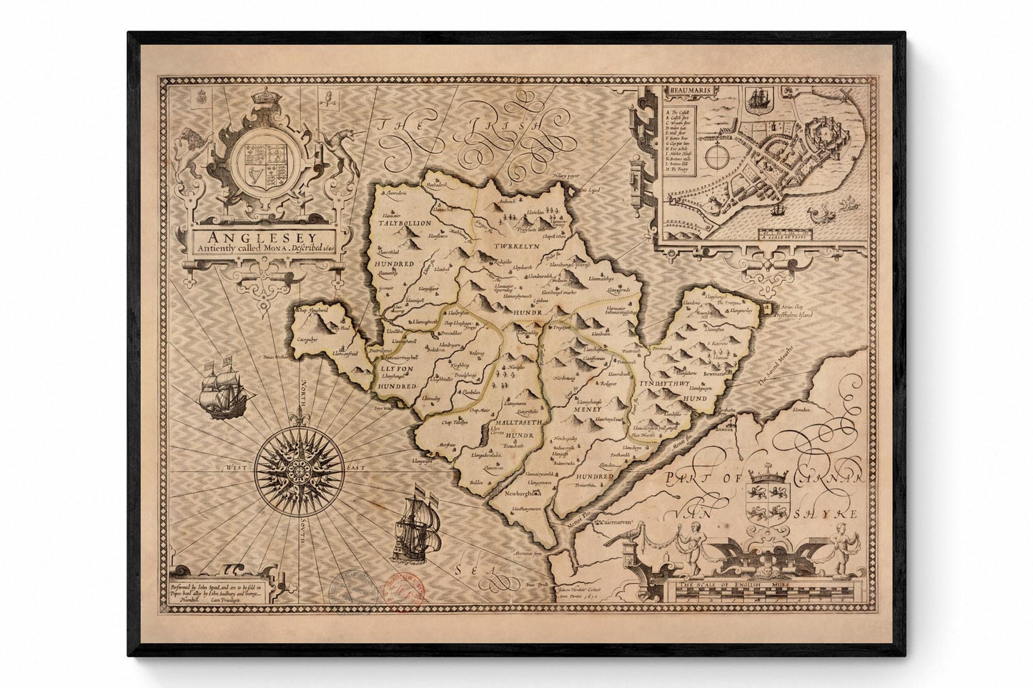 Anglesey Antique Map - dated 1610 - Wales - Antique Reproduction - Available Framed