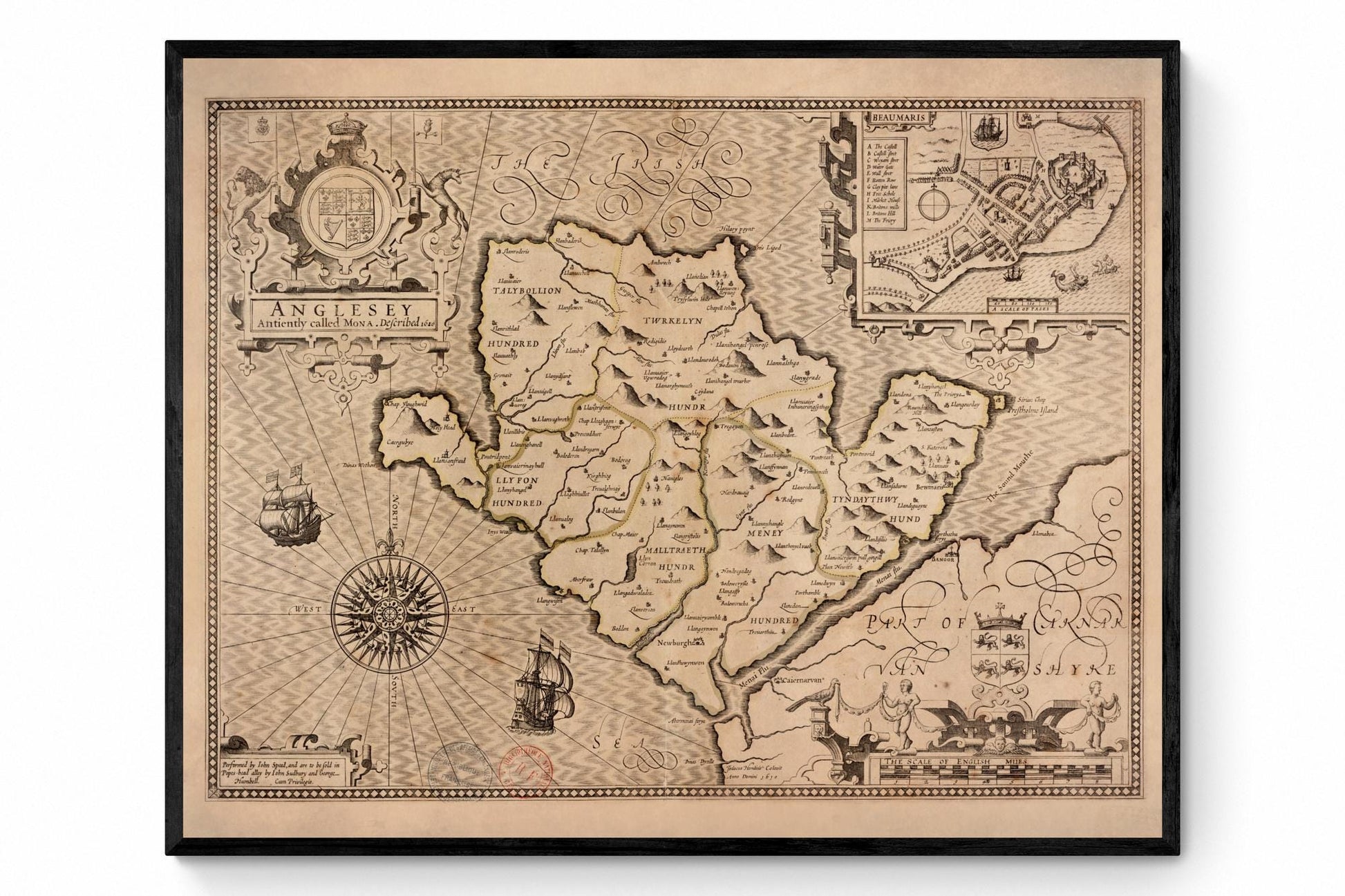 Anglesey Antique Map - dated 1610 - Wales - Antique Reproduction - Available Framed