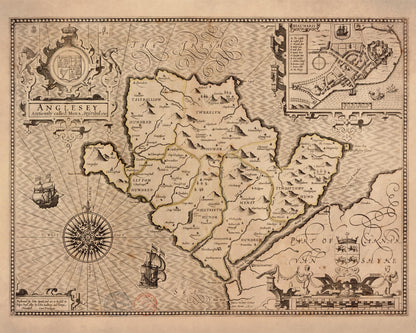 Anglesey Antique Map - dated 1610 - Wales - Antique Reproduction - Available Framed