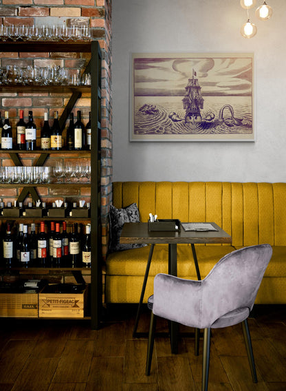 Sea Monsters Attacking a Sailing Ship Antique Print - dated 1684 - Antique Reproduction - Available Framed