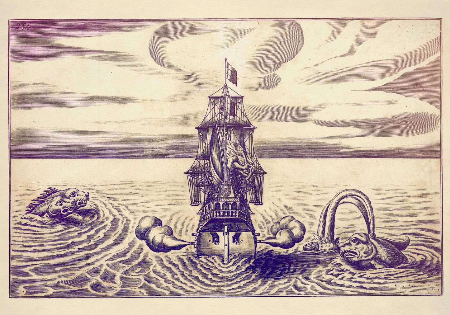 Sea Monsters Attacking a Sailing Ship Antique Print - dated 1684 - Antique Reproduction - Available Framed