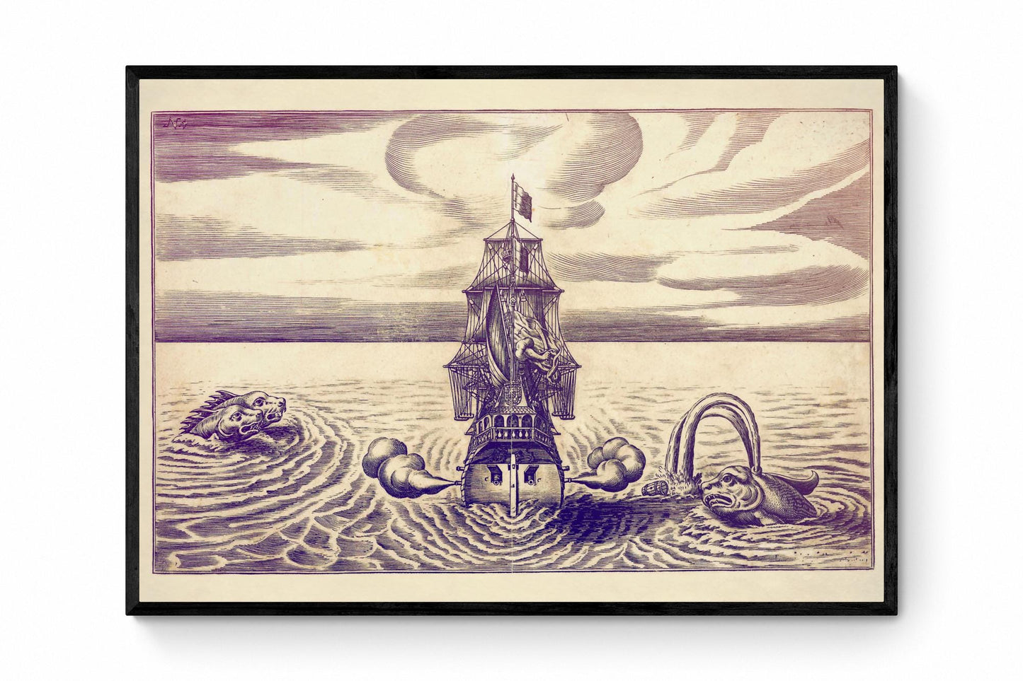 Sea Monsters Attacking a Sailing Ship Antique Print - dated 1684 - Antique Reproduction - Available Framed