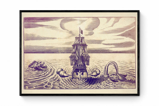 Sea Monsters Attacking a Sailing Ship Antique Print - dated 1684 - Antique Reproduction - Available Framed