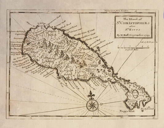 The Island of St Christophers alias St Kitts Map dated 1729 - Herman Moll