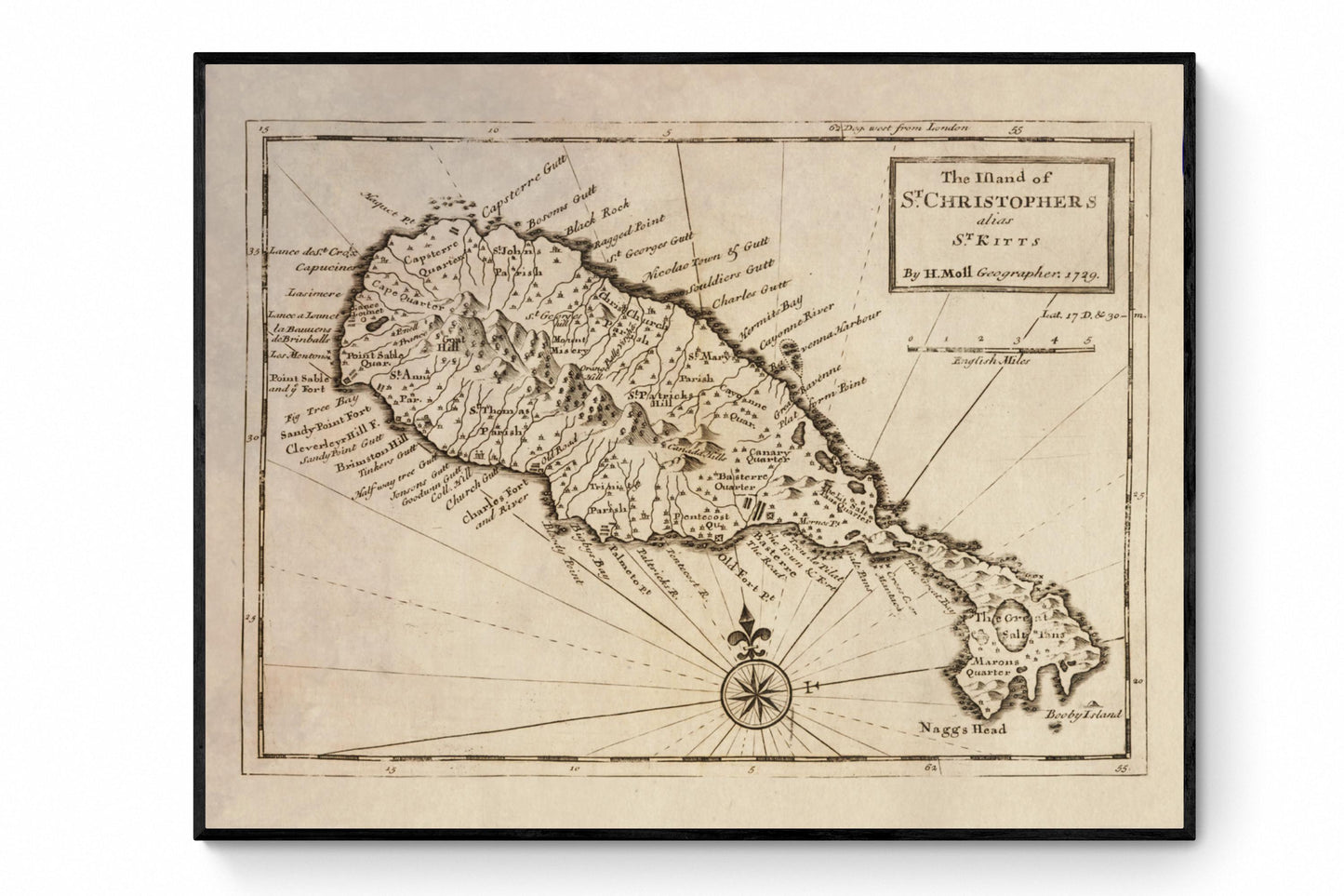 The Island of St Christophers alias St Kitts Map dated 1729 - Herman Moll
