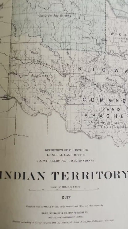 Indian Territory Map dated 1887 - Antique Reproduction - Oklahoma - United States - Native American History - Available Framed