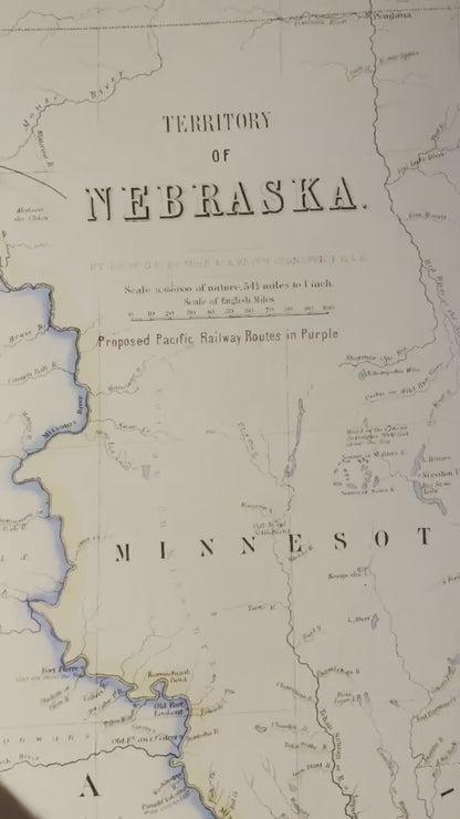 Territory of Nebraska map dated 1857 showing the proposed Pacific Railroad route - United States - Antique Reproduction - Available Framed
