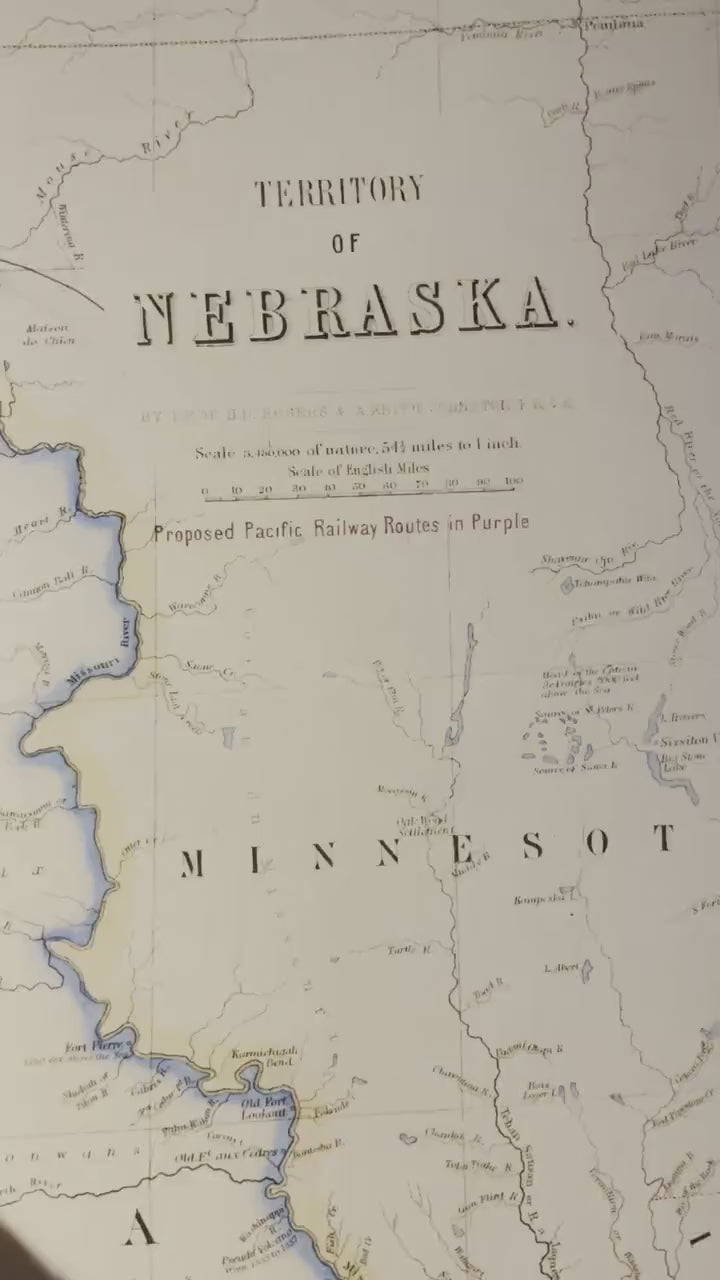 Territory of Nebraska map dated 1857 showing the proposed Pacific Railroad route - United States - Antique Reproduction - Available Framed