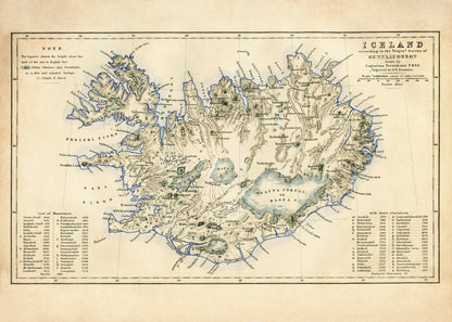 Iceland Map with Glaciers, Snowfields, Hotsprings, Mineral Springs, Mountains