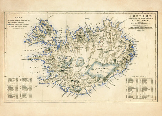 Iceland Map with Glaciers, Snowfields, Hotsprings, Mineral Springs, Mountains – antique art print from Ninska Designs