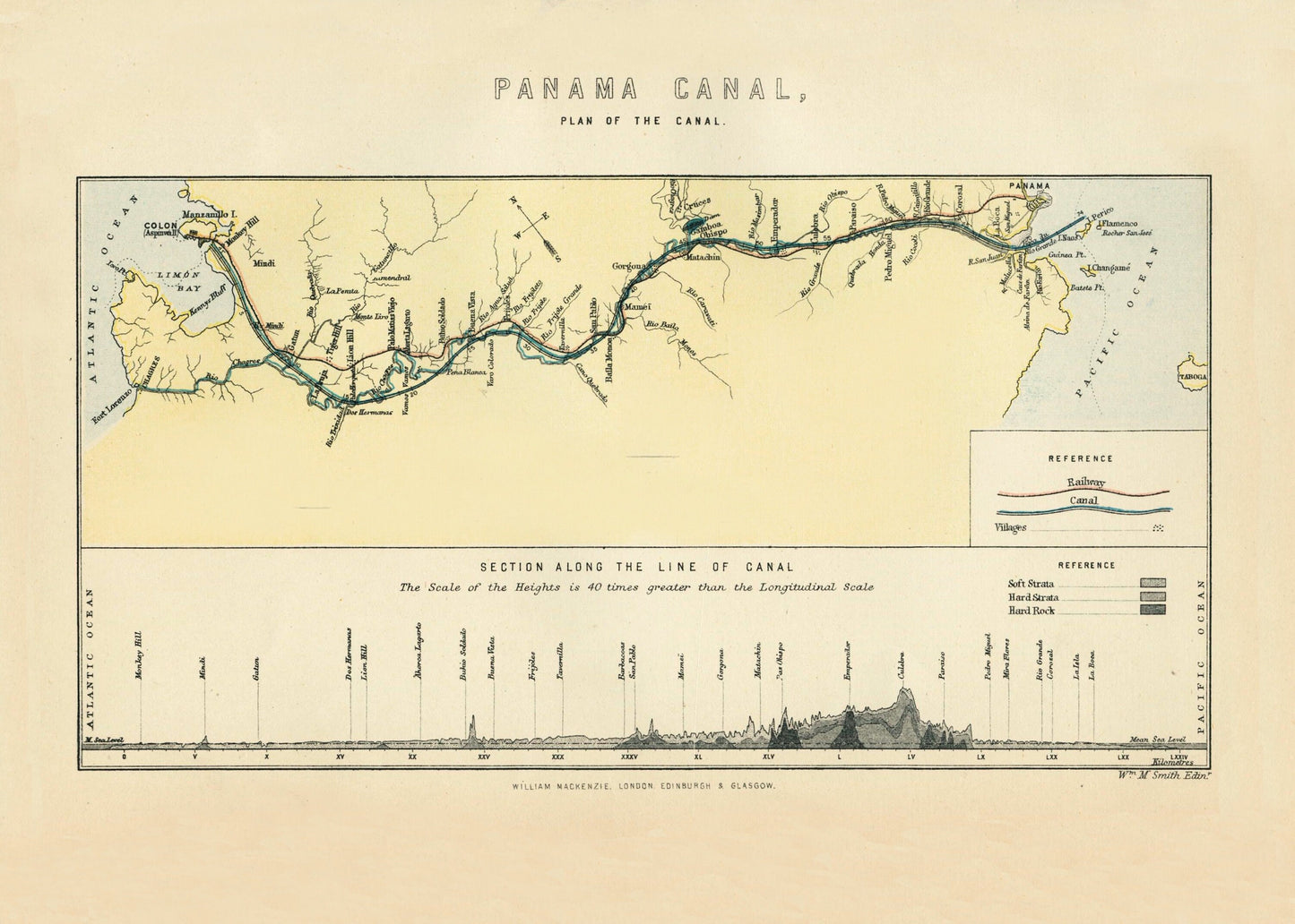 Plan of the Panama Canal showing railways, villages and rock sections along the canal – antique art print from Ninska Designs
