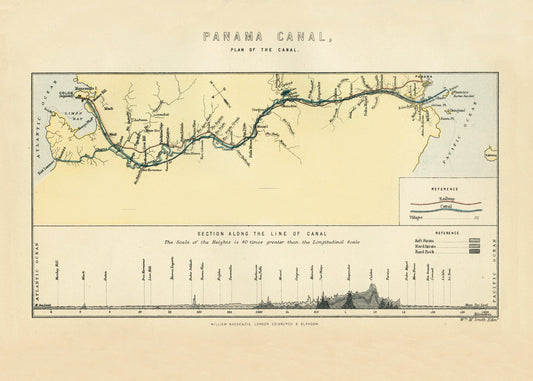 Plan of the Panama Canal showing railways, villages and rock sections along the canal – antique art print from Ninska Designs