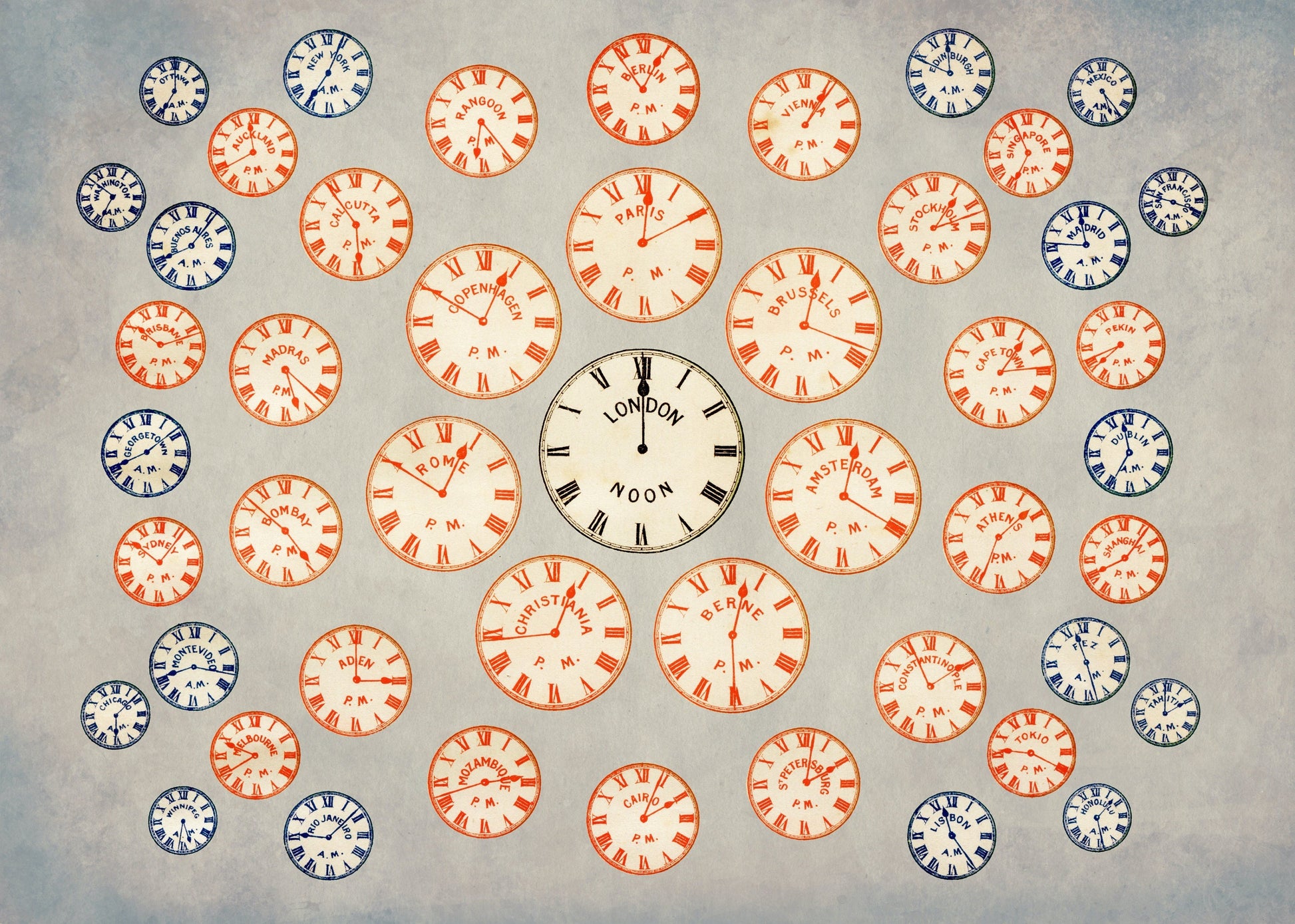 Time Zone Clocks Print – antique art print from Ninska Designs