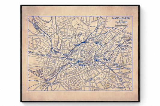 Manchester & Salford Map - Antique Reproduction - City Plan - England - Available Framed
