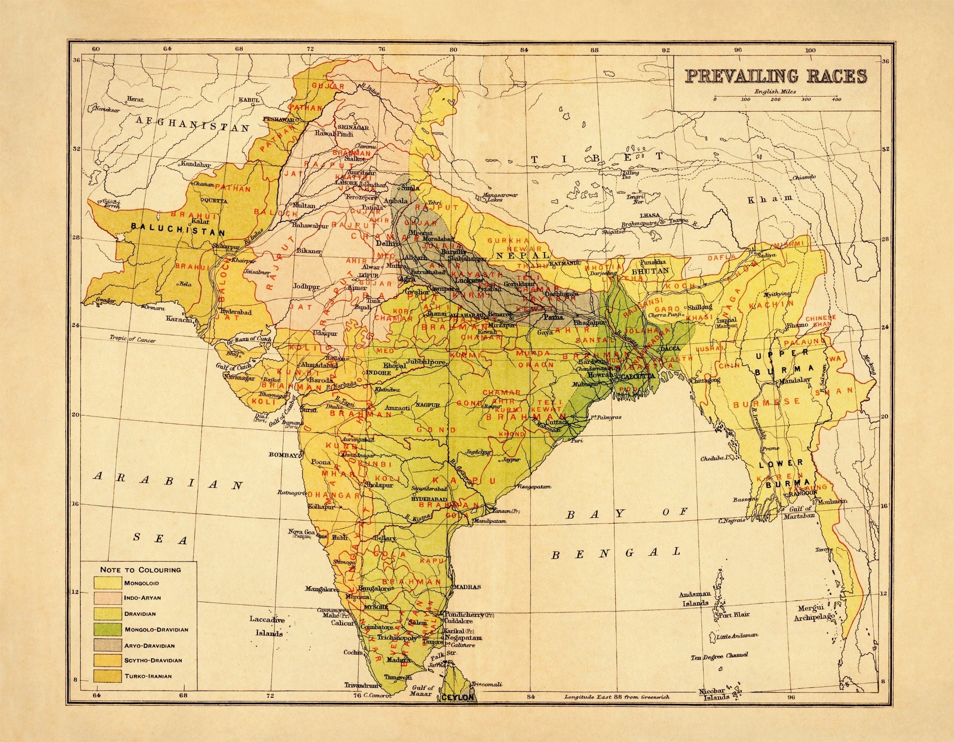 India (Prevailing Races) Map – antique art print from Ninska Designs