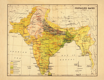 India (Prevailing Races) Map – antique art print from Ninska Designs