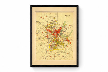 Agra Map - Antique Reproduction - City Plan - India - 1908 Map of Agra - City Map - Available Framed