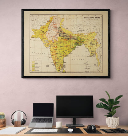 India (Prevailing Races) Map - Antique Reproduction - Ethnology - Anthropology - Ethnography - Human Races - 1908 Map - Available Framed