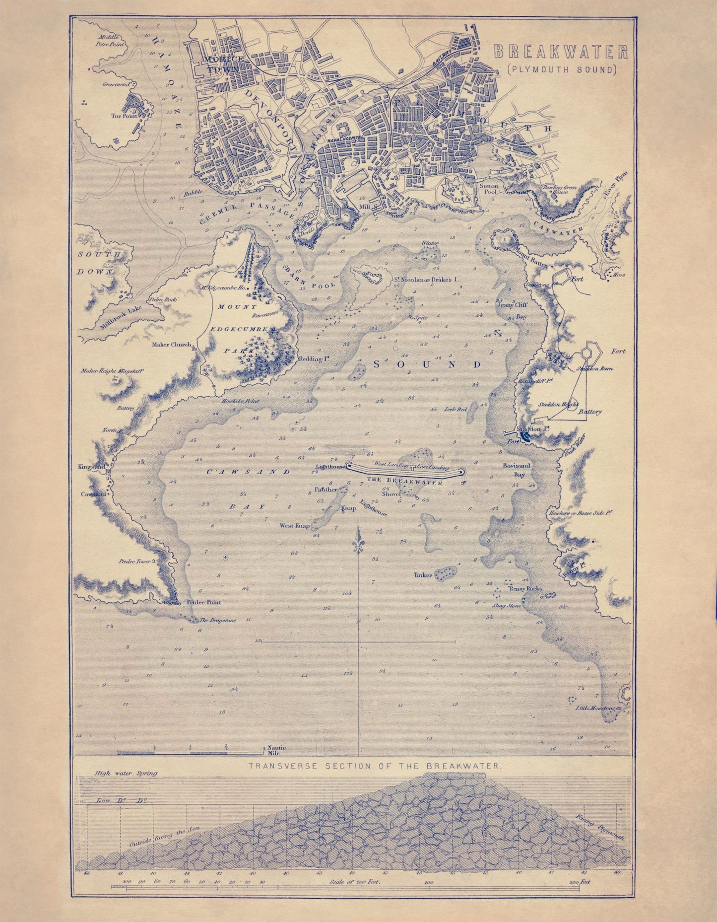 Plymouth Breakwater Map – antique art print from Ninska Designs