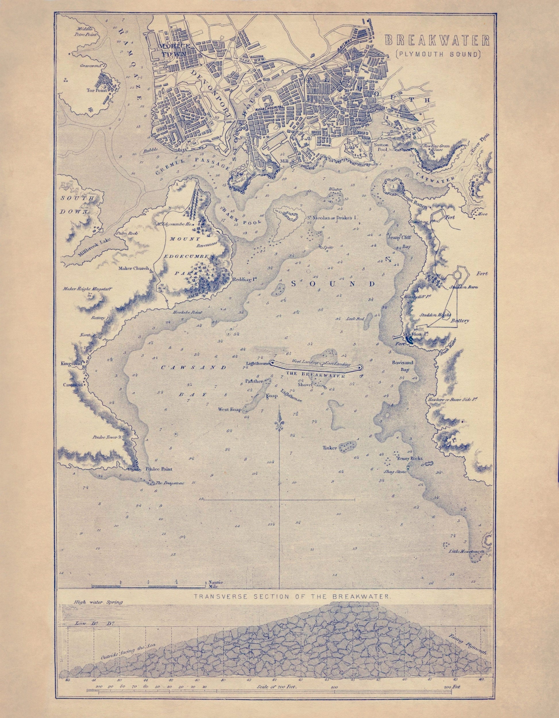 Plymouth Breakwater Map – antique art print from Ninska Designs
