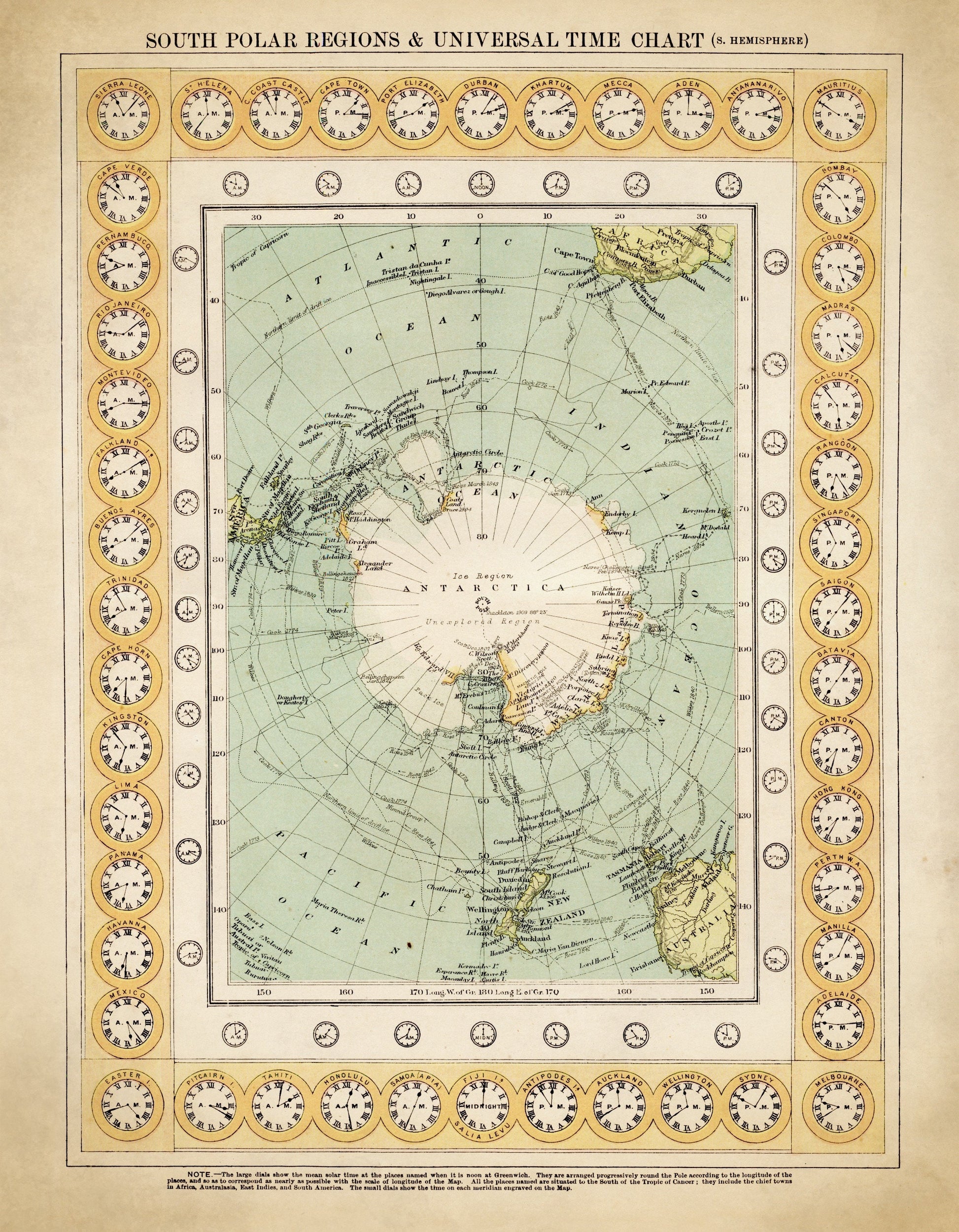 South Polar Regions and Universal Time Chart (Southern Hemisphere) dated 1909 1909 – antique art print from Ninska Designs