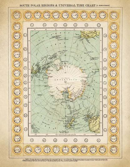 South Polar Regions and Universal Time Chart (Southern Hemisphere) dated 1909 1909 – antique art print from Ninska Designs
