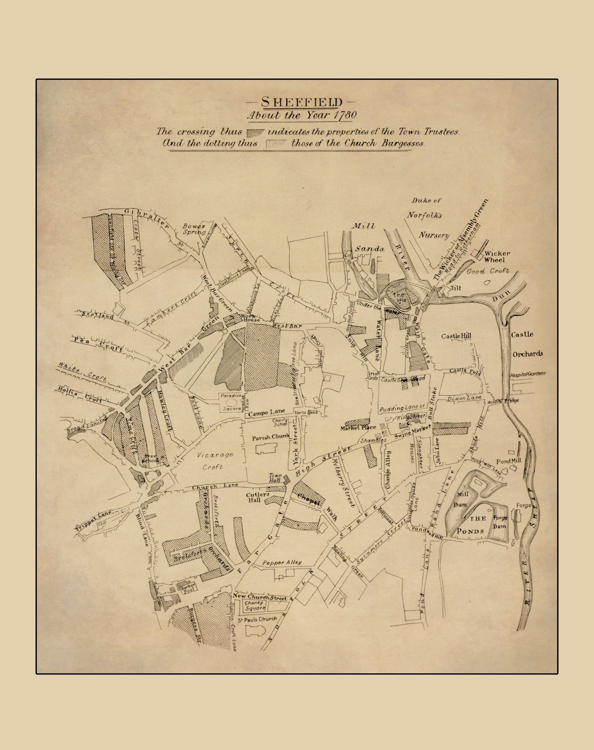 Sheffield c.1780 showing property of Town Trustees and Church – antique art print from Ninska Designs