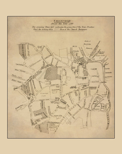Sheffield c.1780 showing property of Town Trustees and Church – antique art print from Ninska Designs