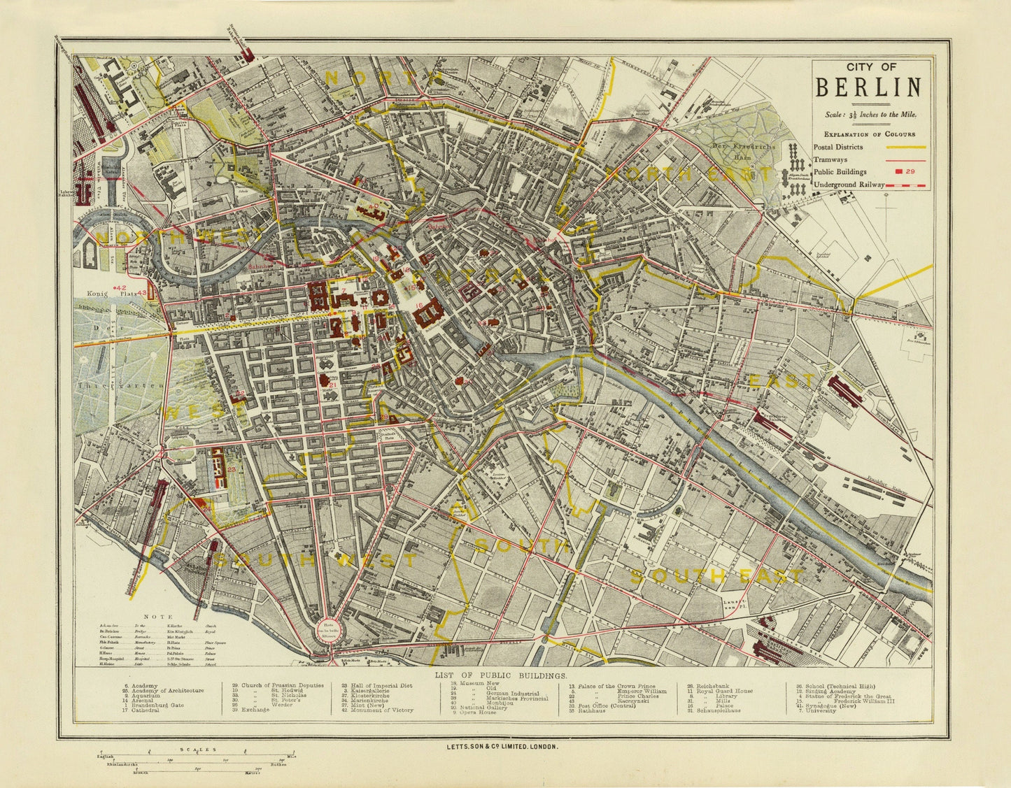 City of Berlin Map dated 1883 showing postal districts, tramways, underground railway 1883 – antique art print from Ninska Designs